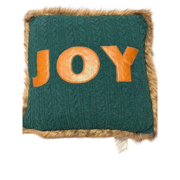Rustic Christmas “JOY” Pillow 20x20 – Green Cable Knit with Faux Fur Trim - Picture 2 of 5